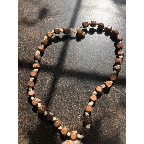 Autumn Jasper Stone Pendant Necklace w Square Wooden Beads Boho Handmade Hippie - Picture 10 of 16